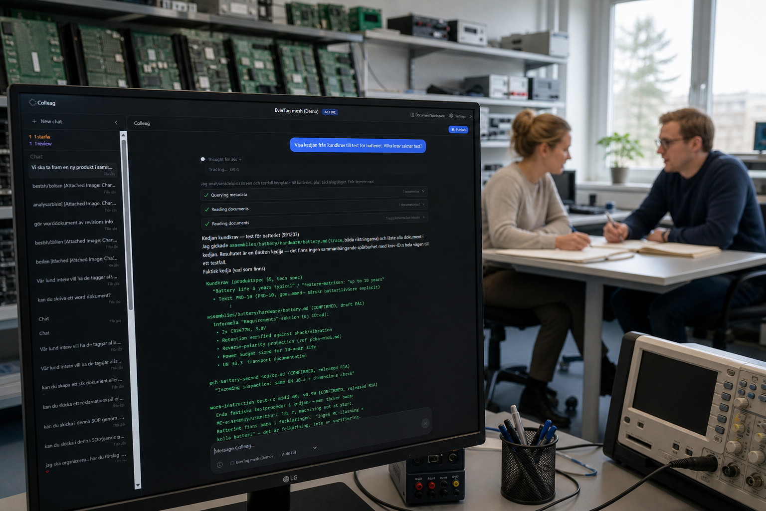 The Colleag workspace in the foreground. In the background two colleagues meet in the lab.